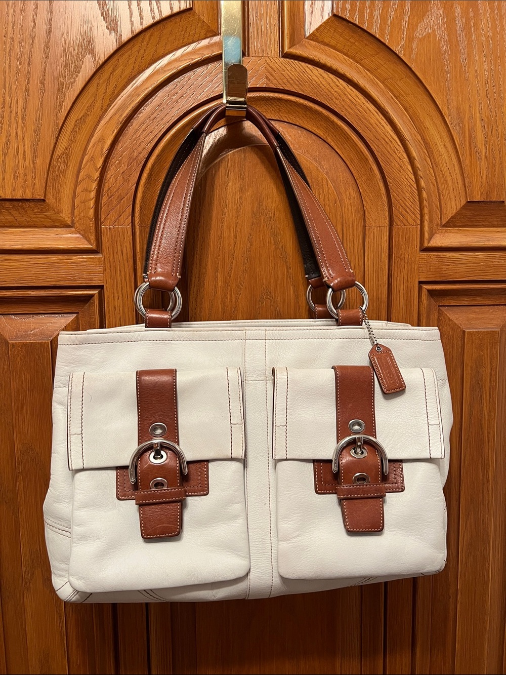 Coach LARGE F06468 WHITE Leather Soho Double Front Pocket Shoulder Bag